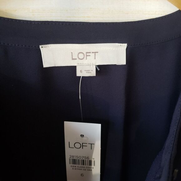 LOFT Henley Top Pleated Skirt Round Neck Cap Sleeve Dress Navy Office Size 6 - Picture 9 of 12